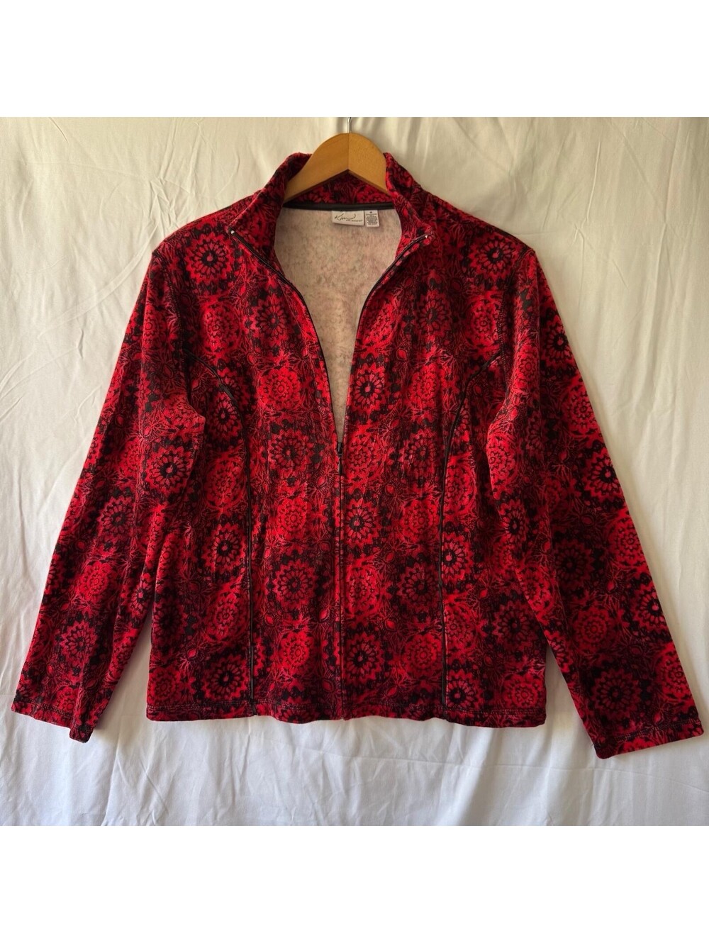 Kim Rogers Jacket M Red Black Medallion Fleece Full Zip Boho Tapestry